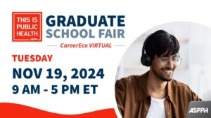 Flyer for a virtual fair on Nov 19, 2024, from 9 AM to 5 PM ET via CareerEco. Flyer shows ‘This is Public Health’ branding and a smiling person wearing headphones on a laptop.