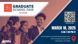 Graphic for an in-person ASPPH Graduate School Fair on March 18 2025 at Johns Hopkins University with event details and QR code