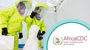 three people in hazmat suits with Africa CDC logo