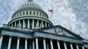 Image of Capitol Building with overlayed 100 dollar bills in background