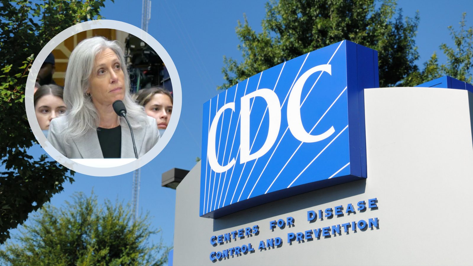 CDC headquarters sign with inset of Dr. Susan Monarez speaking at microphone during testimony